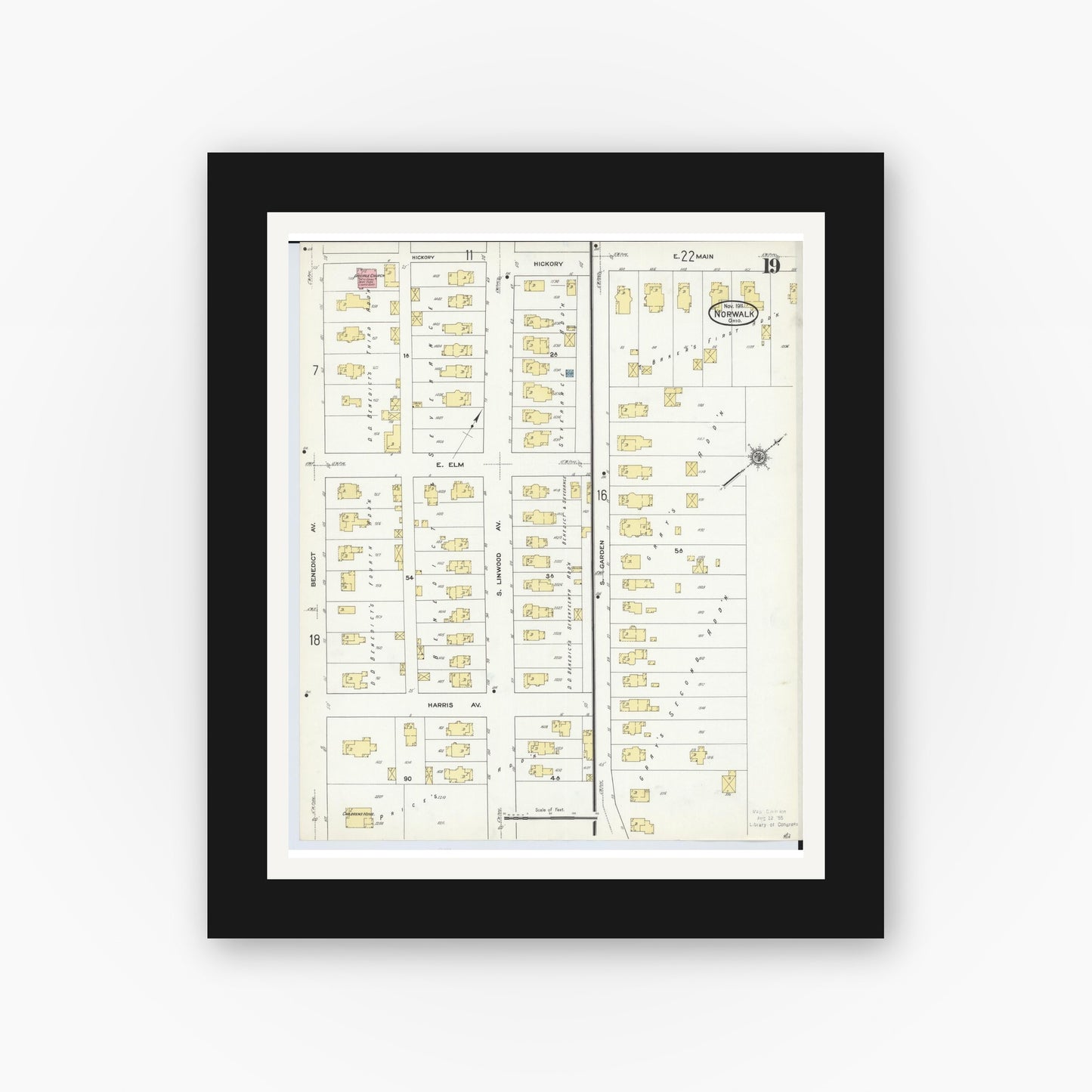 Old map wall art mockup — black gallery frame with white mat — Sanborn Fire Insurance Map from Norwalk, Huron County, Ohio (1911), Sheet #0019