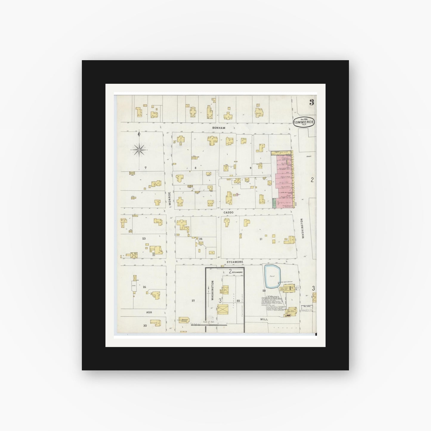 Old map wall art mockup — black gallery frame with white mat — Sanborn Fire Insurance Map from Commerce, Hunt County, Texas (1896), Sheet #0003