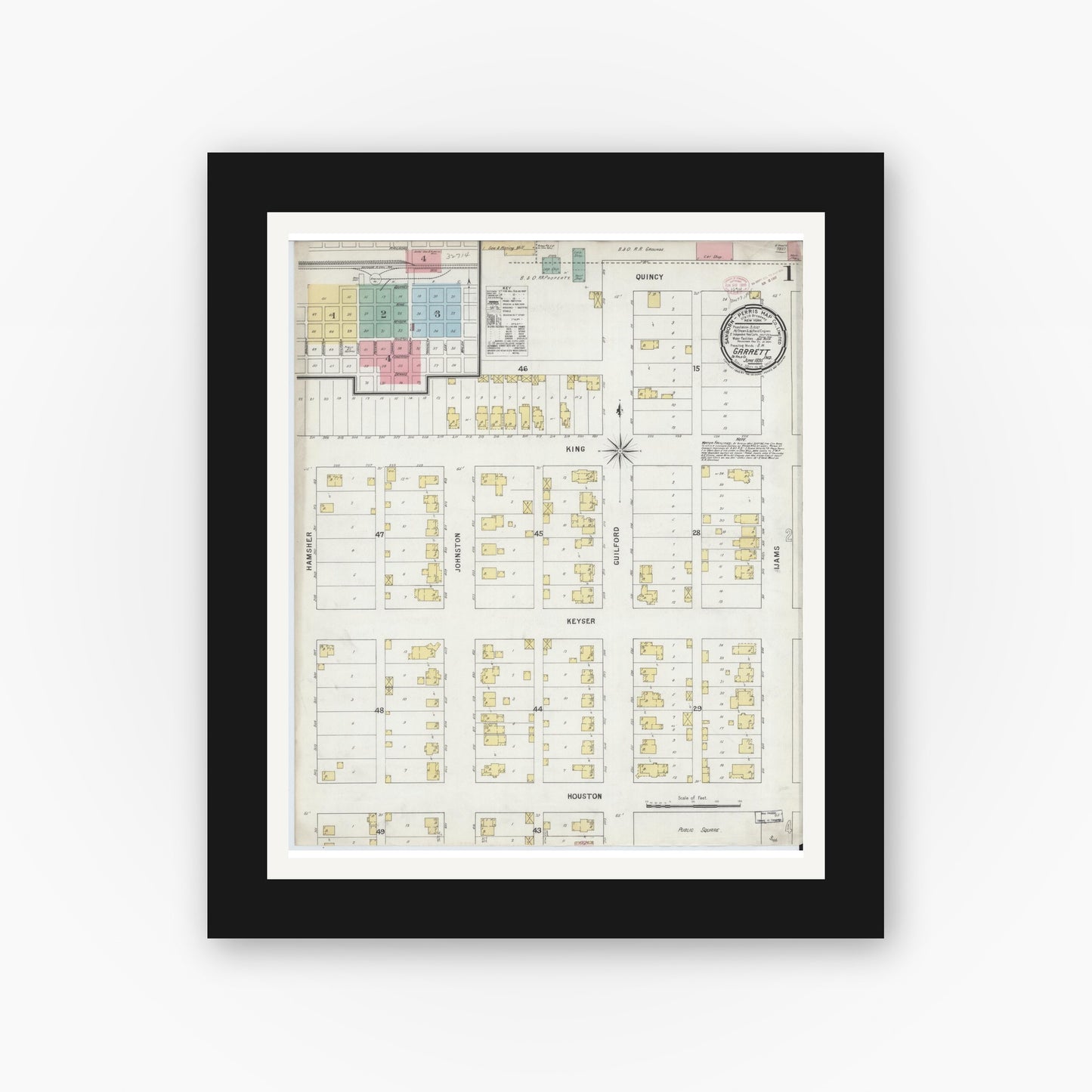 Old map wall art mockup — black gallery frame with white mat — Sanborn Fire Insurance Map from Garrett, De Kalb County, Indiana (1895) - Complete Map Set