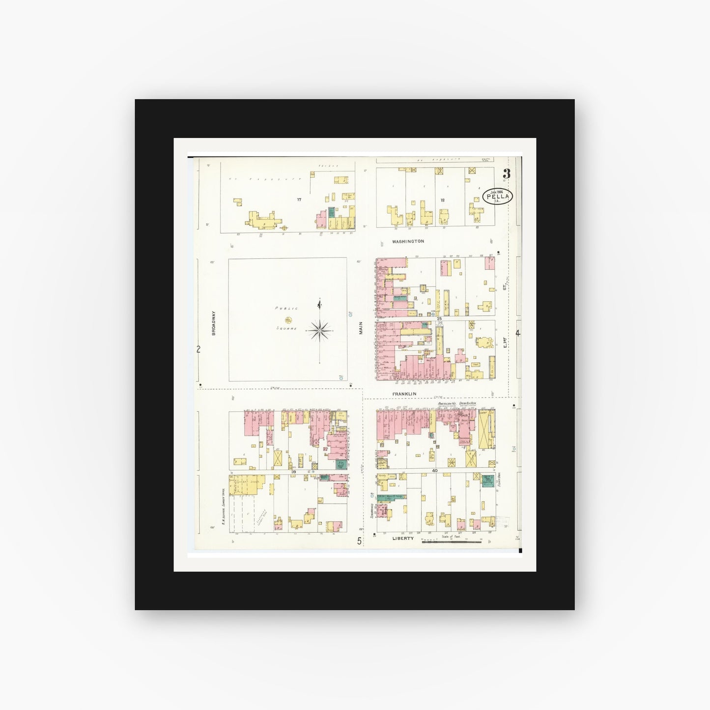Old map wall art mockup — black gallery frame with white mat — Sanborn Fire Insurance Map from Pella, Marion County, Iowa (1906), Sheet #0003