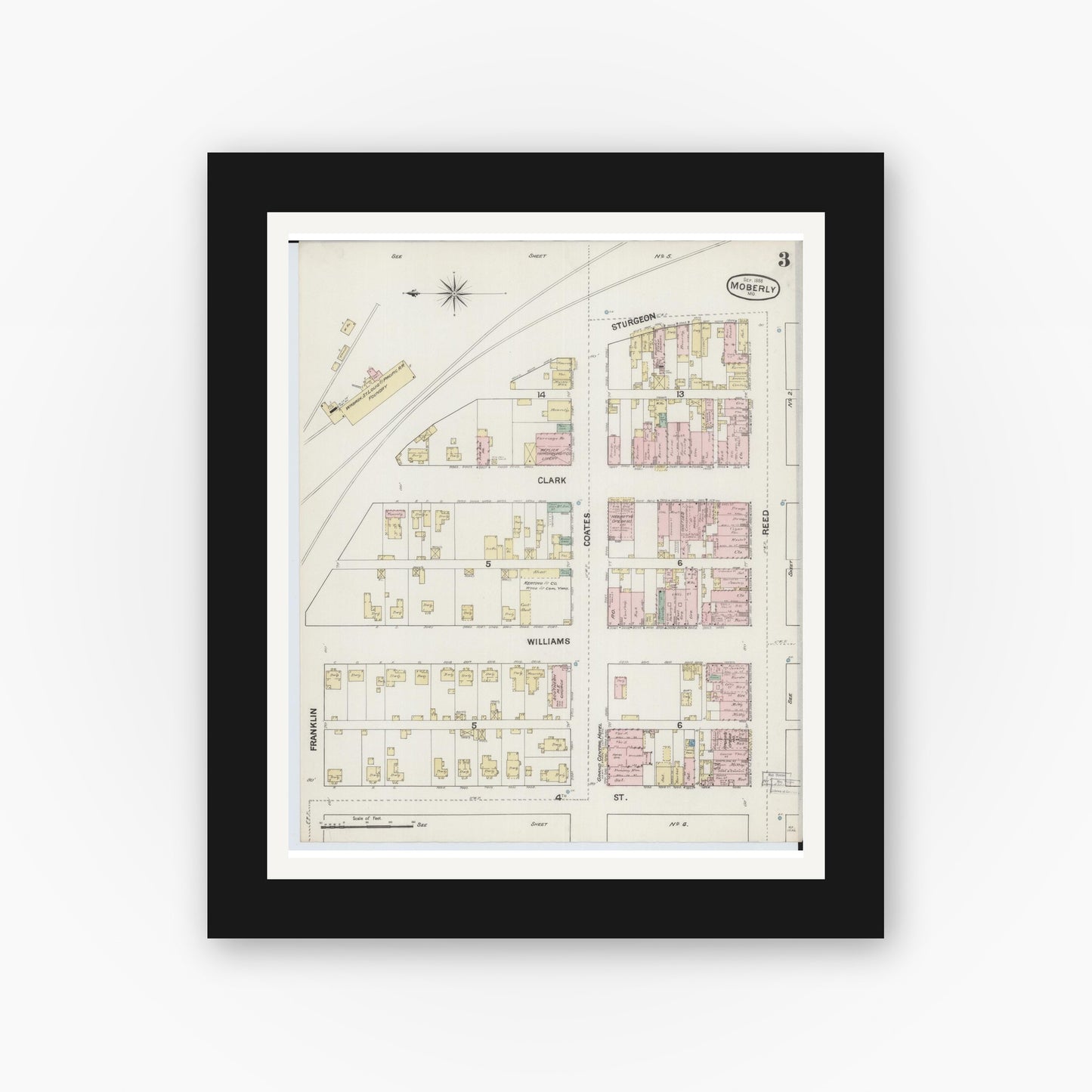 Old map wall art mockup — black gallery frame with white mat — Sanborn Fire Insurance Map from Moberly, Randolph County, Missouri (1888), Sheet #0003
