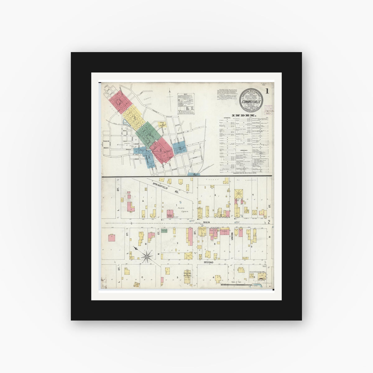 Old map wall art mockup — black gallery frame with white mat — Sanborn Fire Insurance Map from Edwardsville, Madison County, Illinois (1902) - Complete Map Set