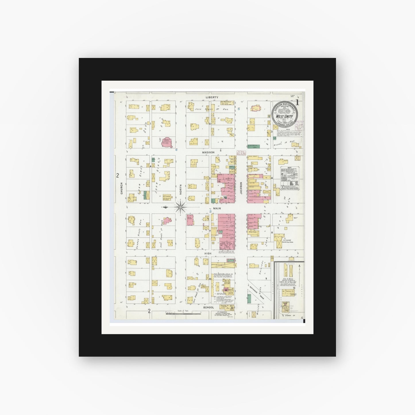 Old map wall art mockup — black gallery frame with white mat — Sanborn Fire Insurance Map from West Unity, Williams County, Ohio (1905) - Complete Map Set