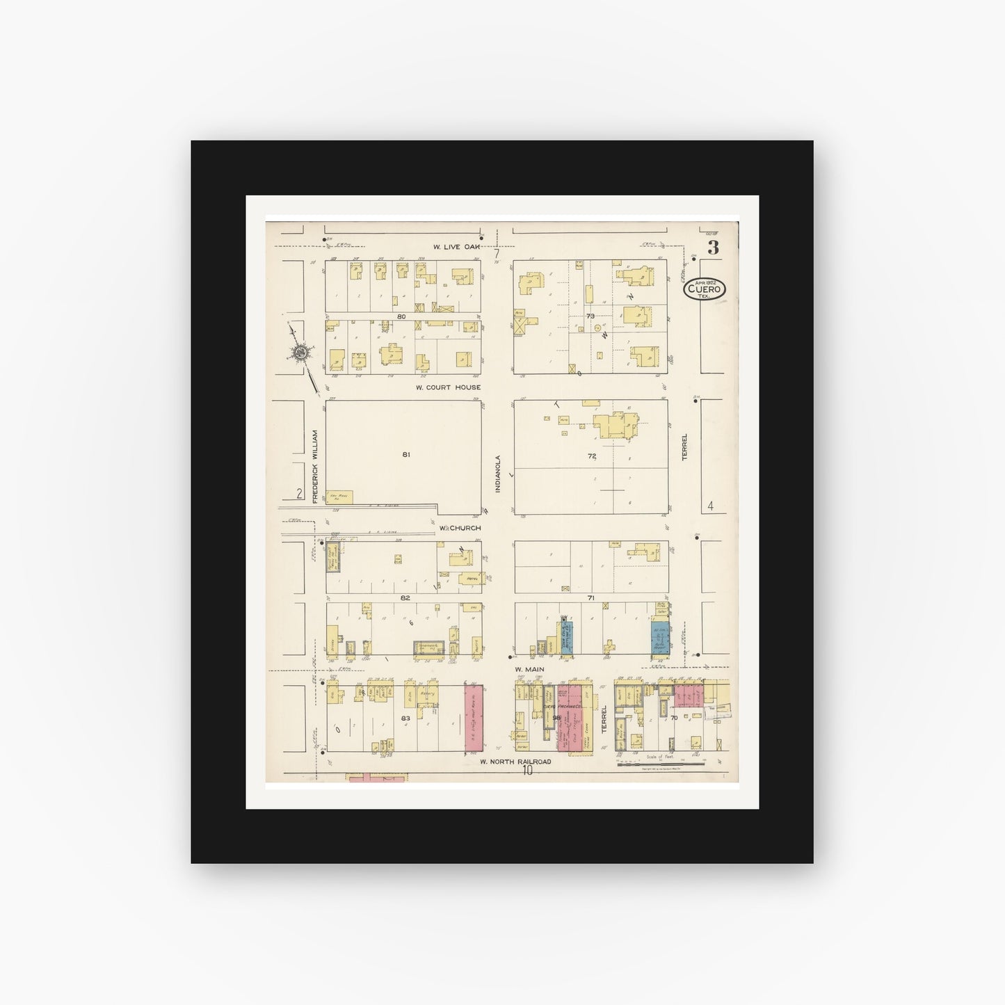 Old map wall art mockup — black gallery frame with white mat — Sanborn Fire Insurance Map from Cuero, De Witt County, Texas (1922), Sheet #0003