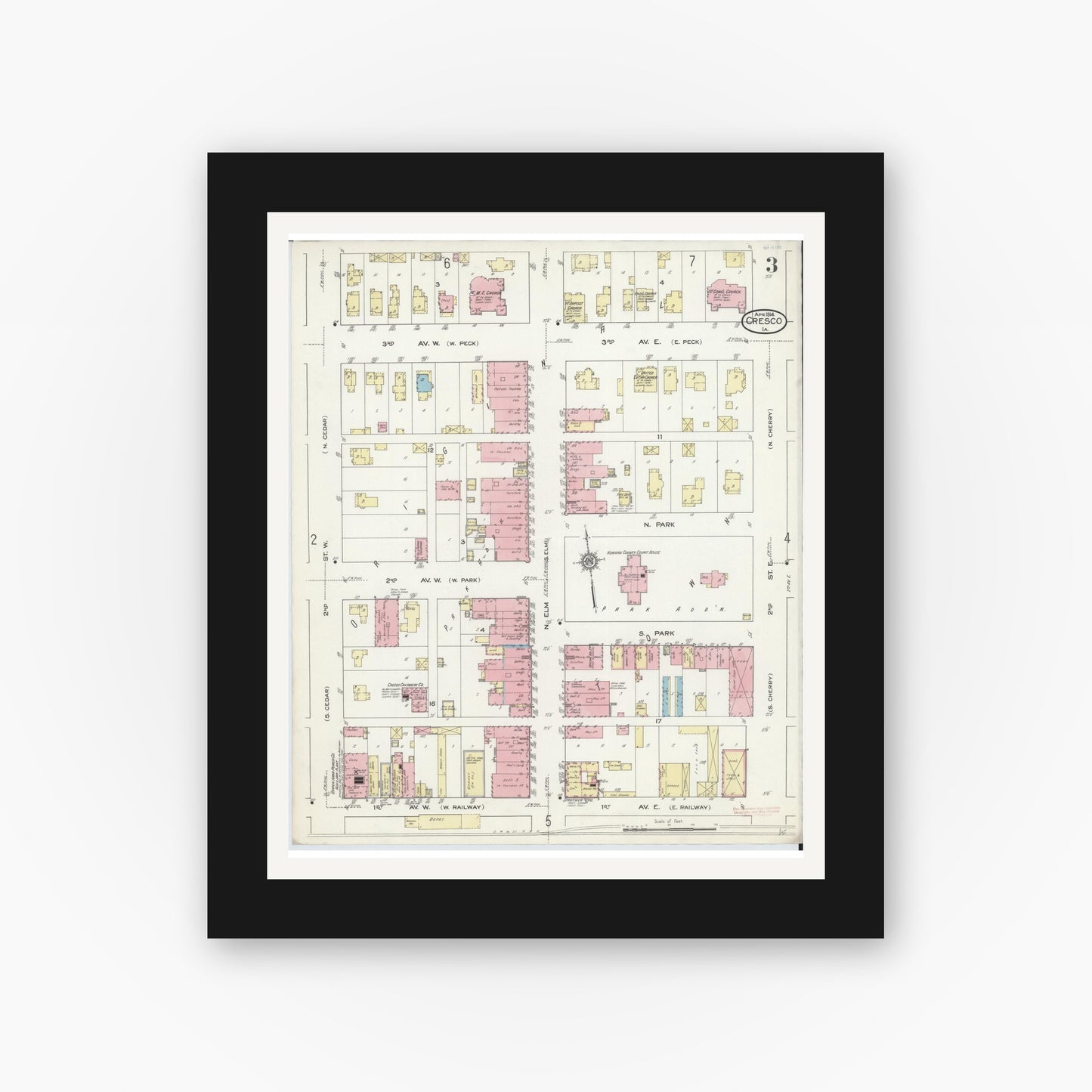Old map wall art mockup — black gallery frame with white mat — Sanborn Fire Insurance Map from Cresco, Howard County, Iowa (1914), Sheet #0003