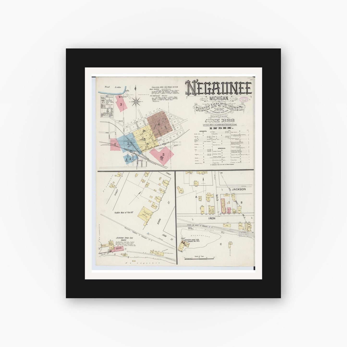 Old map wall art mockup — black gallery frame with white mat — Sanborn Fire Insurance Map from Negaunee, Marquette County, Michigan (1888) - Complete Map Set