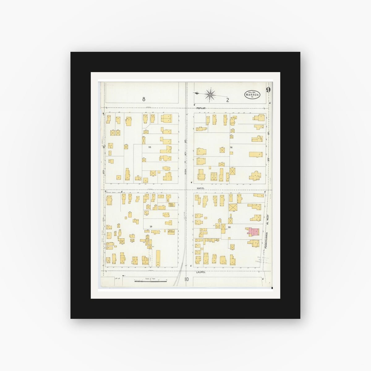 Old map wall art mockup — black gallery frame with white mat — Sanborn Fire Insurance Map from Warren, Warren County, Pennsylvania (1904), Sheet #0009