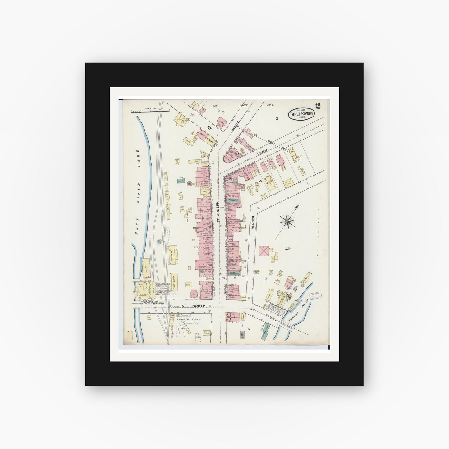 Old map wall art mockup — black gallery frame with white mat — Sanborn Fire Insurance Map from Three Rivers, Saint Joseph County, Michigan (1888), Sheet #0002