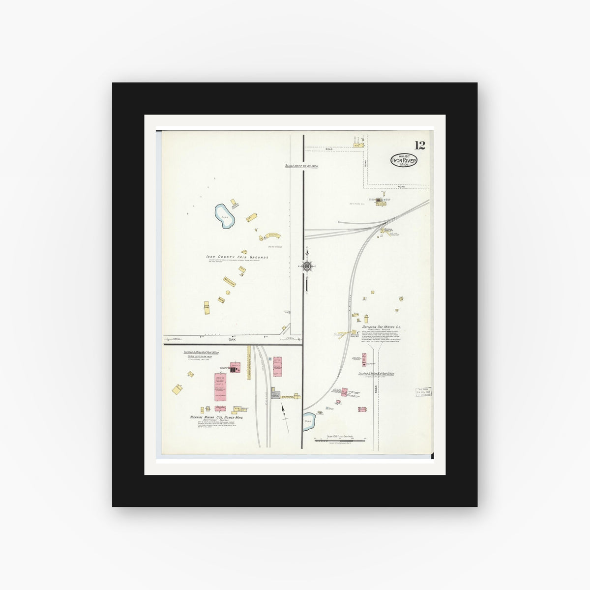 Old map wall art mockup — black gallery frame with white mat — Sanborn Fire Insurance Map from Iron River, Iron County, Michigan (1917), Sheet #0012