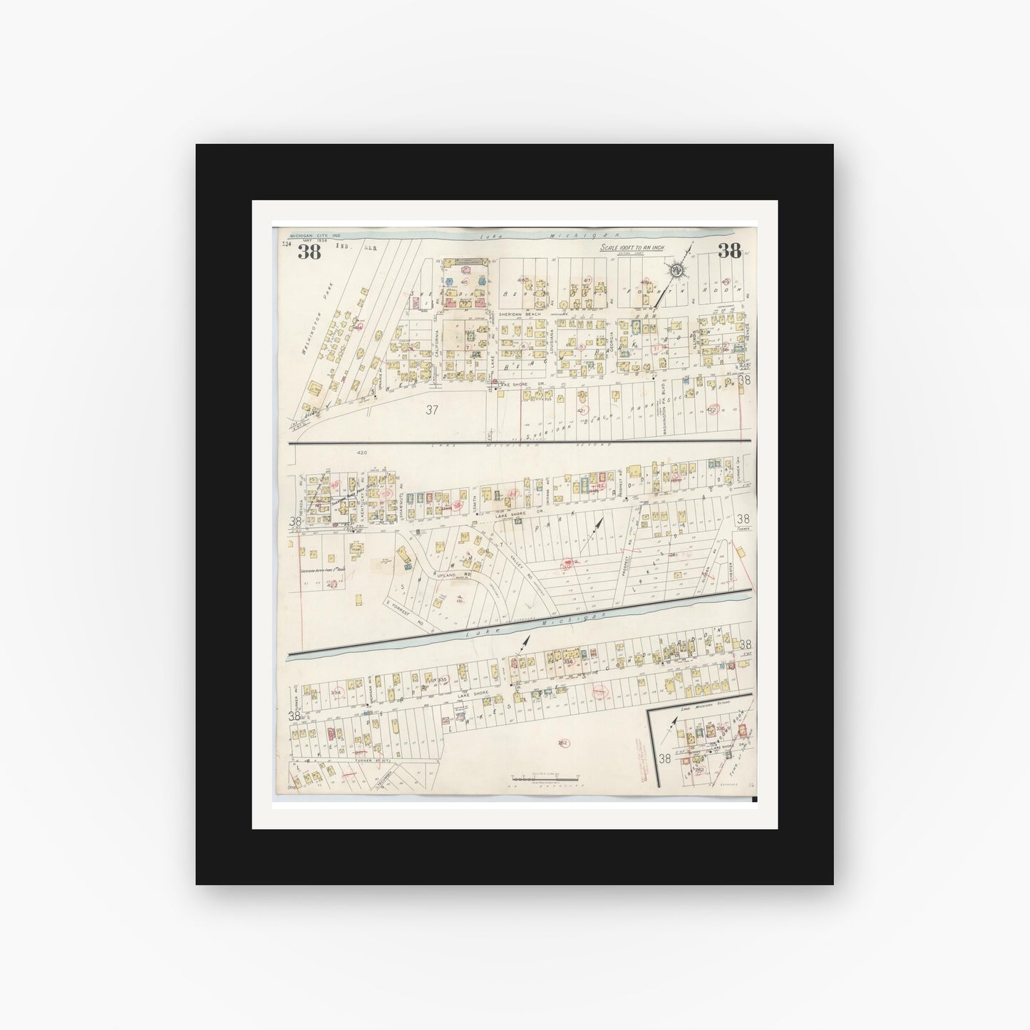 Old map wall art mockup — black gallery frame with white mat — Sanborn Fire Insurance Map from Michigan City, La Porte County, Indiana (1948), Sheet #0038