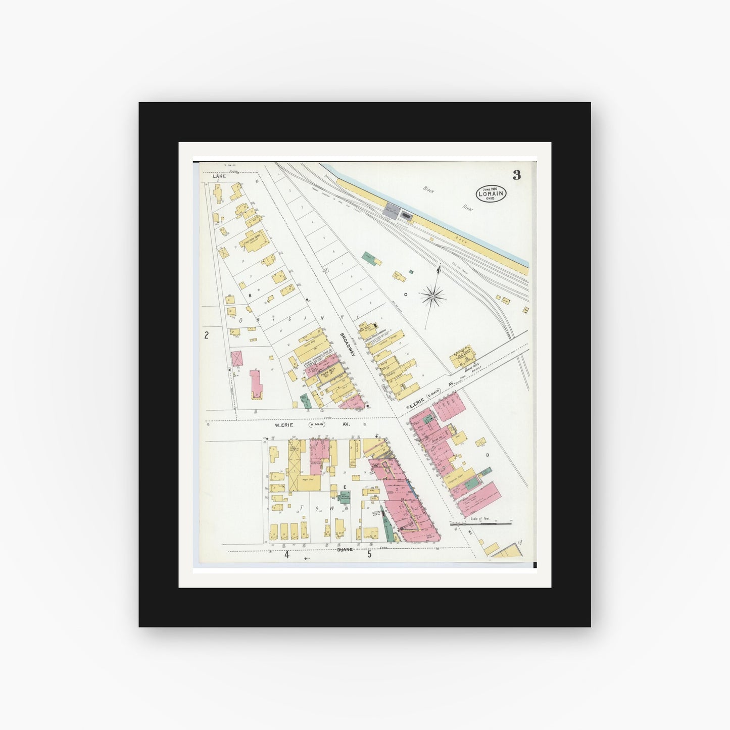 Old map wall art mockup — black gallery frame with white mat — Sanborn Fire Insurance Map from Lorain, Lorain County, Ohio (1905), Sheet #0003