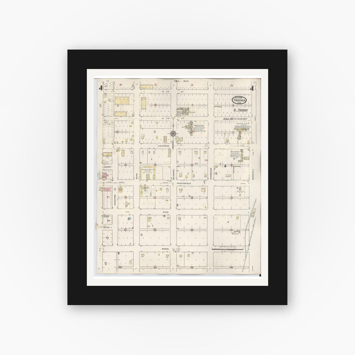Old map wall art mockup — black gallery frame with white mat — Sanborn Fire Insurance Map from Tahoka, Lynn County, Texas (1941), Sheet #0004
