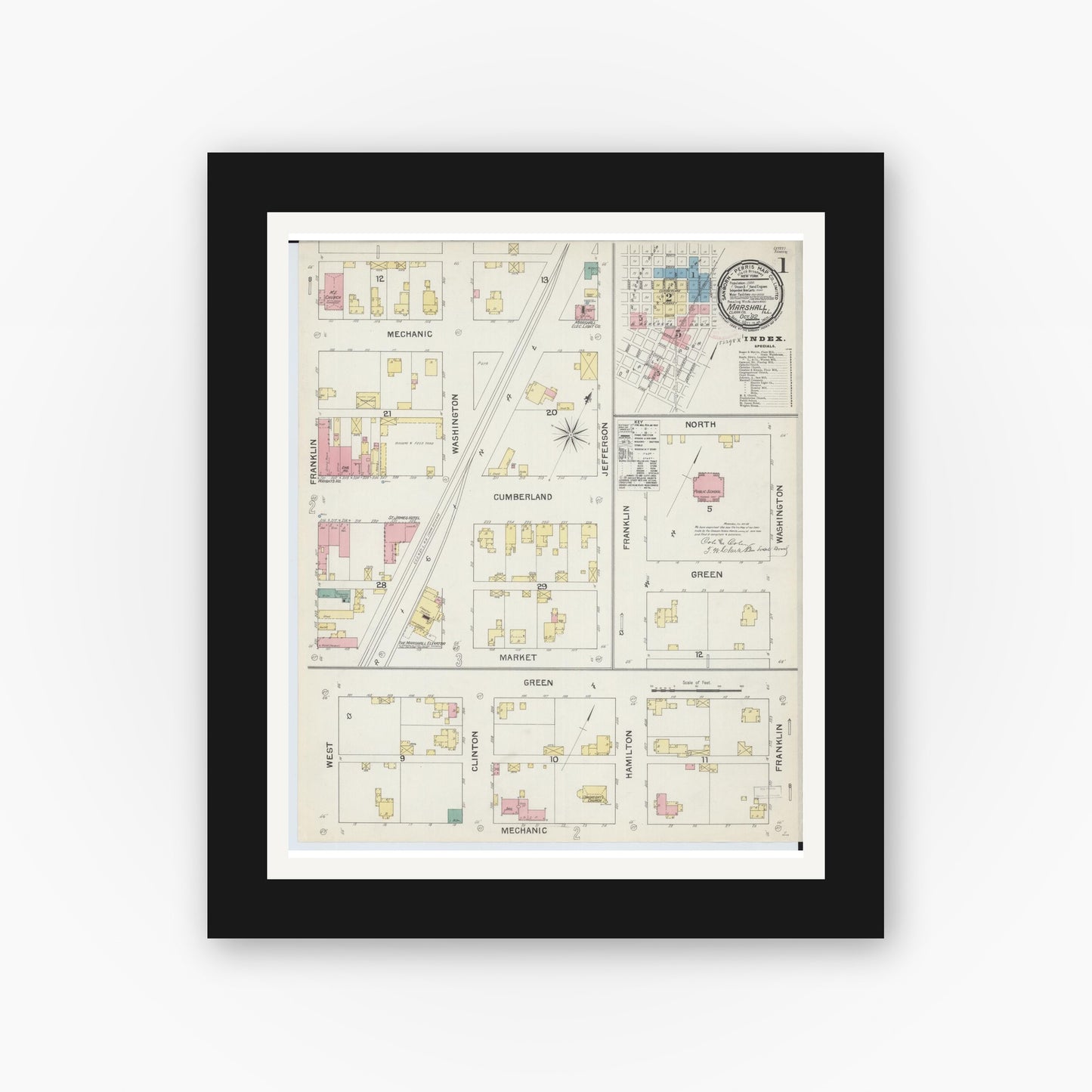 Old map wall art mockup — black gallery frame with white mat — Sanborn Fire Insurance Map from Marshall, Clark County, Illinois (1892), Sheet #0001