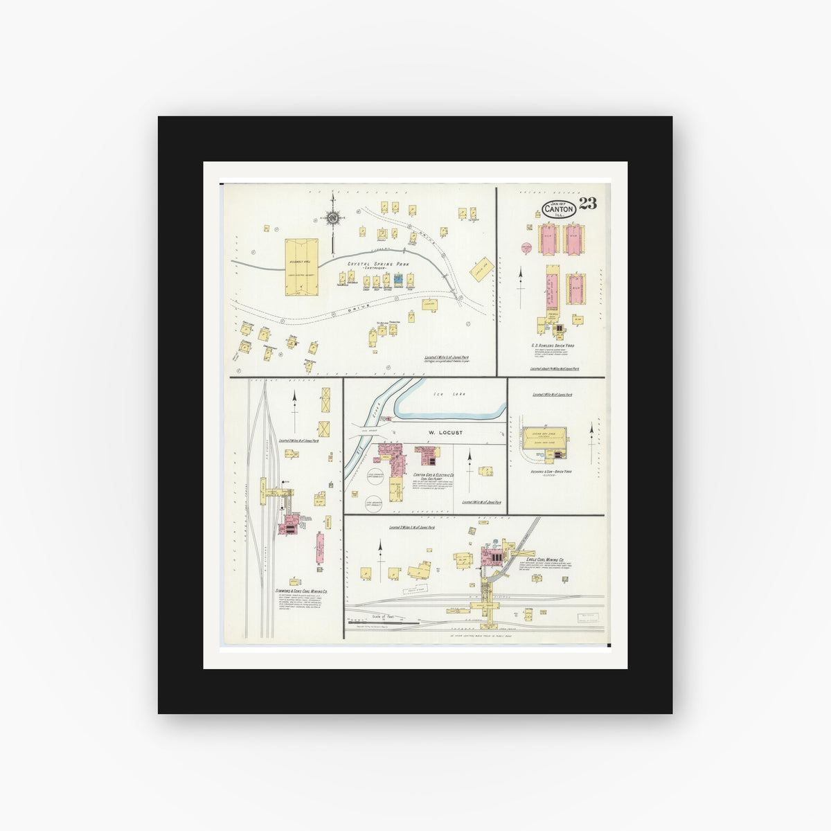 Old map wall art mockup — black gallery frame with white mat — Sanborn Fire Insurance Map from Canton, Fulton County, Illinois (1917), Sheet #0023