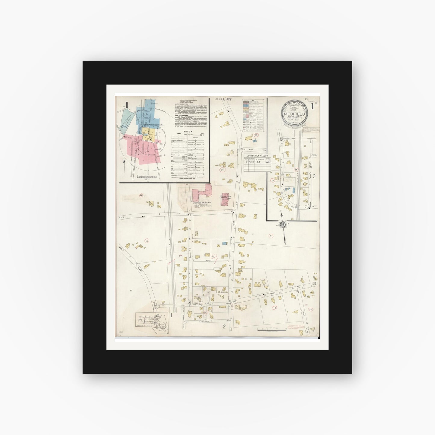 Old map wall art mockup — black gallery frame with white mat — Sanborn Fire Insurance Map from Medfield, Norfolk County, Massachusetts (1943), Sheet #0001