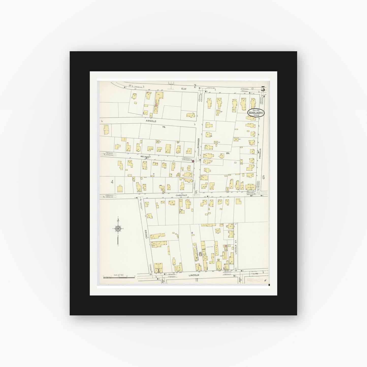 Old map wall art mockup — black gallery frame with white mat — Sanborn Fire Insurance Map from Marlborough, Middlesex County, Massachusetts (1912), Sheet #0005