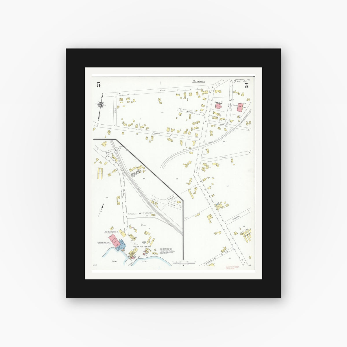 Old map wall art mockup — black gallery frame with white mat — Sanborn Fire Insurance Map from Templeton, Worcester County, Massachusetts (1934), Sheet #0005