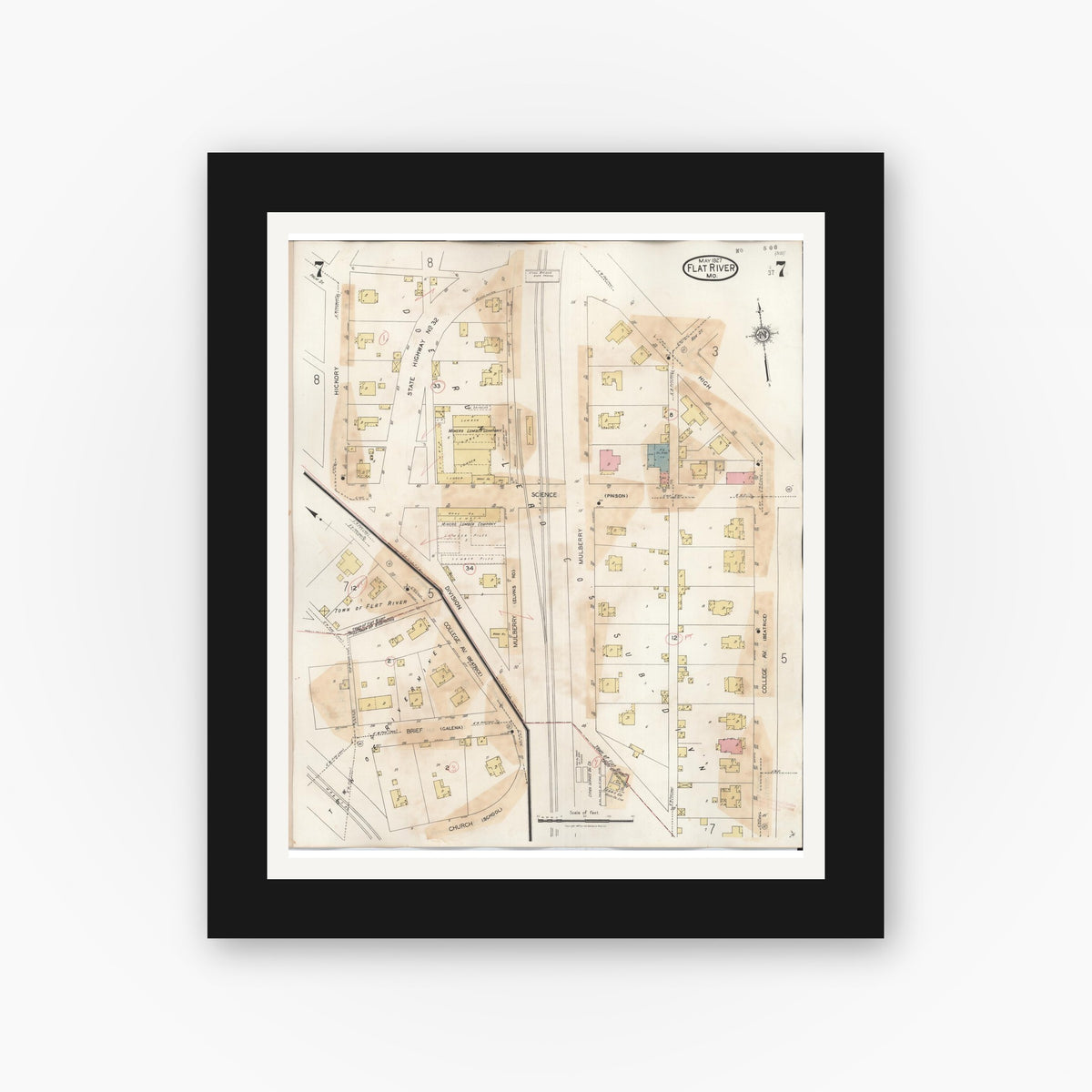 Old map wall art mockup — black gallery frame with white mat — Sanborn Fire Insurance Map from Flat River, Saint Francois County, Missouri (1938), Sheet #0007