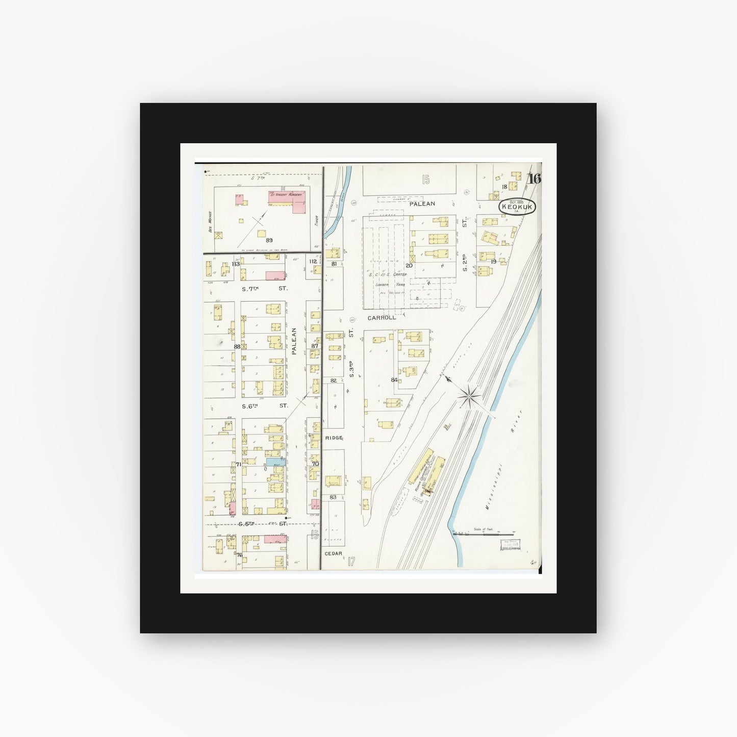 Old map wall art mockup β black gallery frame with white mat β Sanborn Fire Insurance Map from Keokuk, Lee County, Iowa (1893), Sheet #0016
