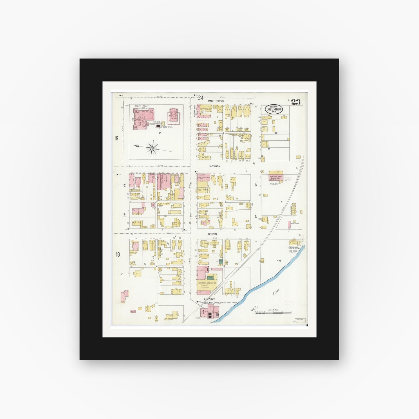 Old map wall art mockup — black gallery frame with white mat — Sanborn Fire Insurance Map from Columbus, Bartholomew County, Indiana (1906), Sheet #0023