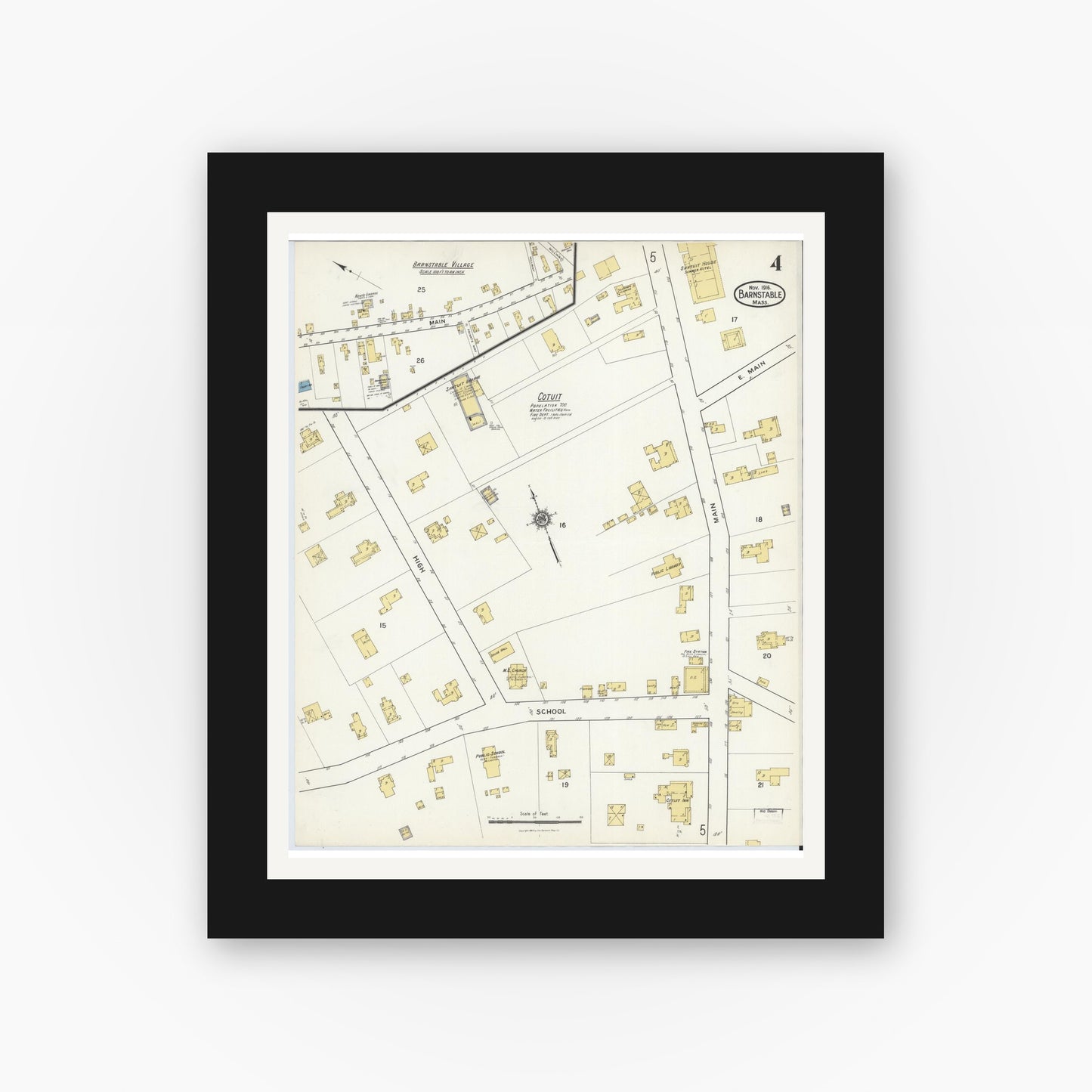 Old map wall art mockup — black gallery frame with white mat — Sanborn Fire Insurance Map from Barnstable, Barnstable County, Massachusetts (1916), Sheet #0004