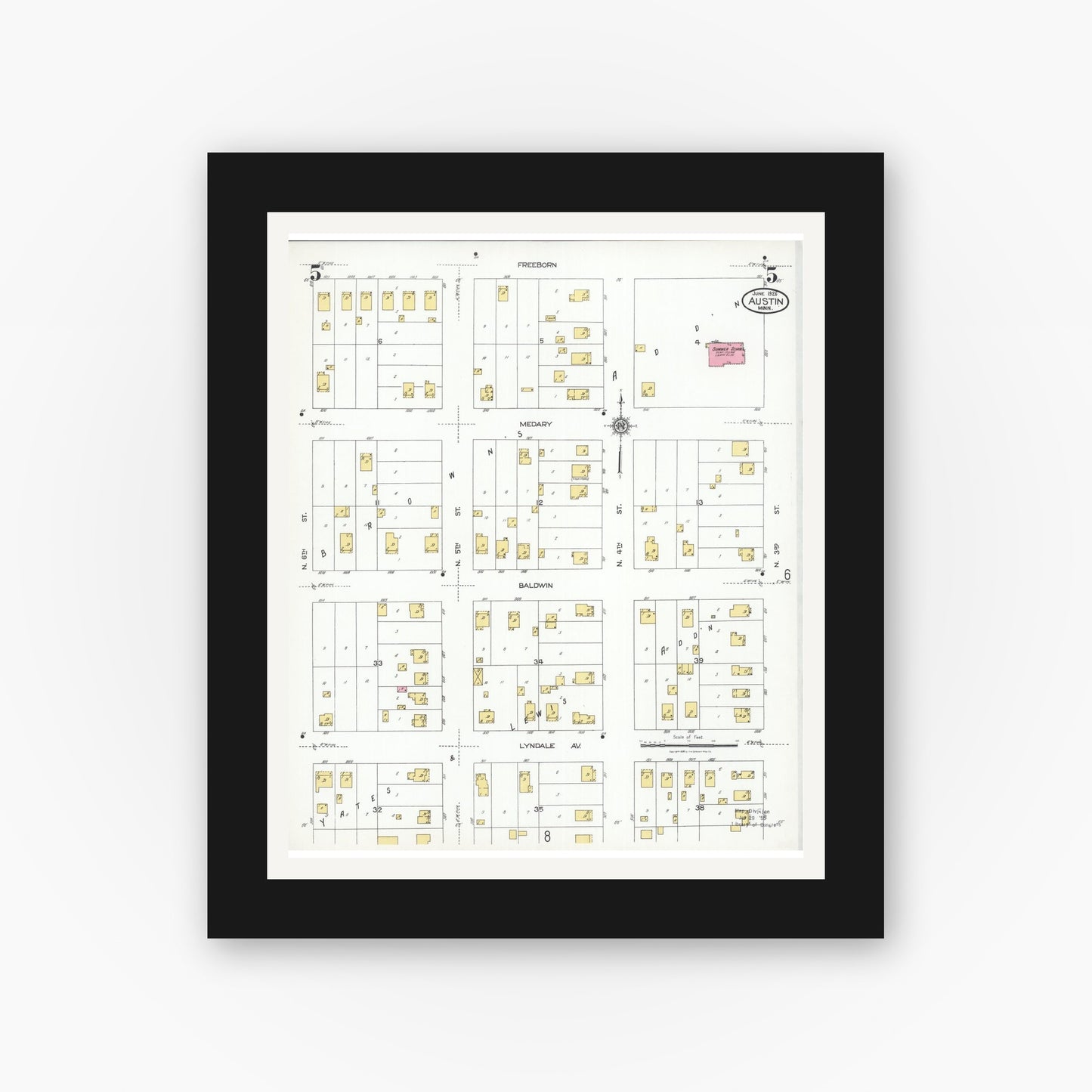 Old map wall art mockup — black gallery frame with white mat — Sanborn Fire Insurance Map from Austin, Mower County, Minnesota (1926), Sheet #0005