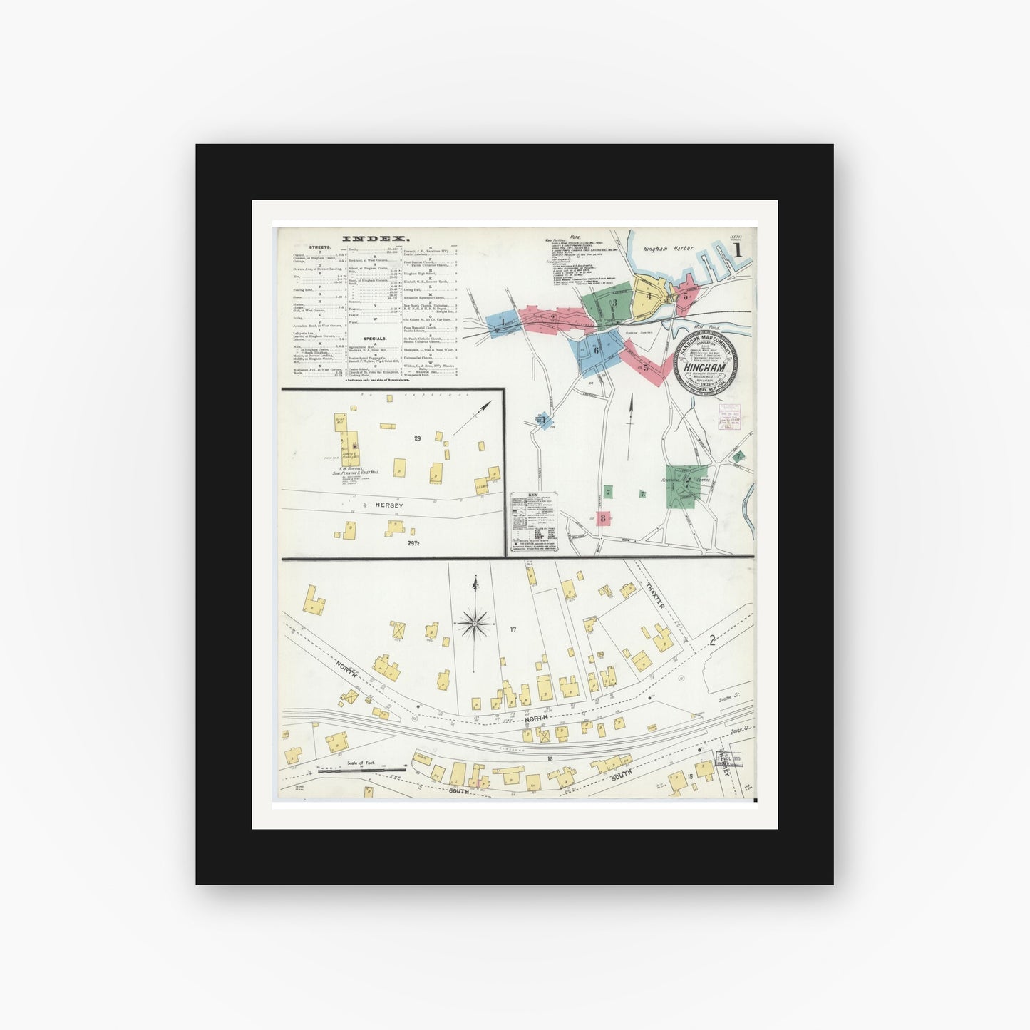 Old map wall art mockup — black gallery frame with white mat — Sanborn Fire Insurance Map from Hingham, Plymouth County, Massachusetts (1903) - Complete Map Set