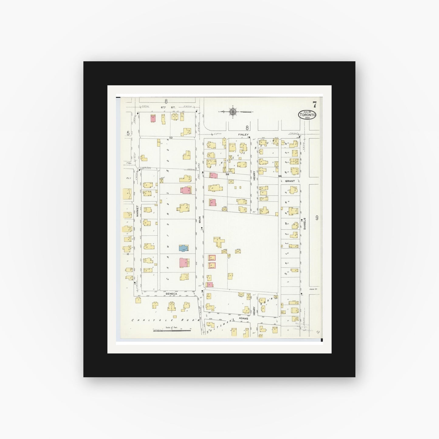 Old map wall art mockup — black gallery frame with white mat — Sanborn Fire Insurance Map from Toronto, Jefferson County, Ohio (1911), Sheet #0007