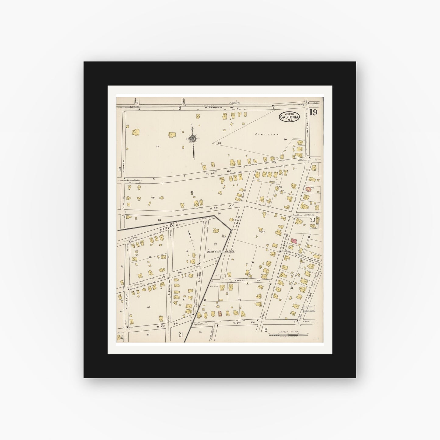 Old map wall art mockup — black gallery frame with white mat — Sanborn Fire Insurance Map from Gastonia, Gaston County, North Carolina (1922), Sheet #0019