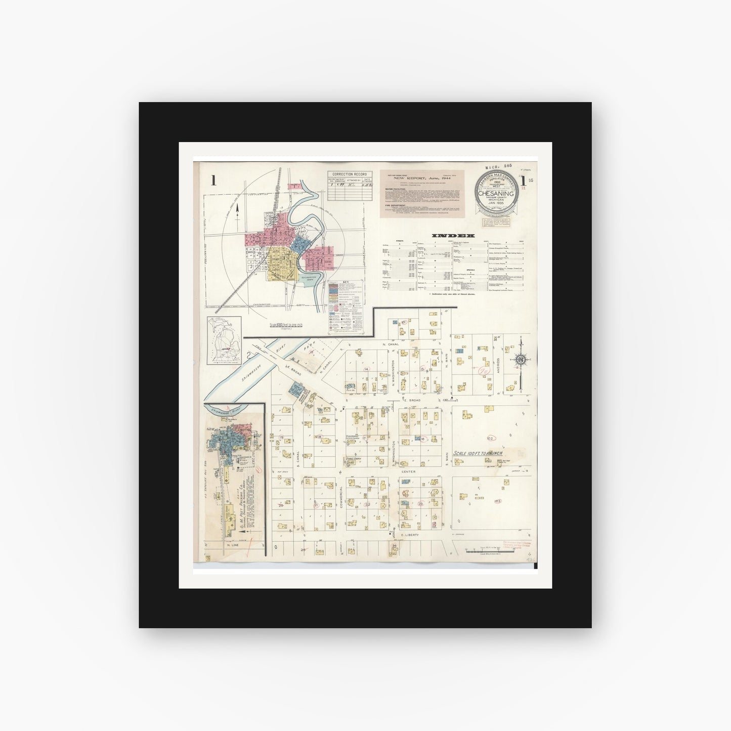 Old map wall art mockup — black gallery frame with white mat — Sanborn Fire Insurance Map from Chesaning, Saginaw County, Michigan (1944), Sheet #0001