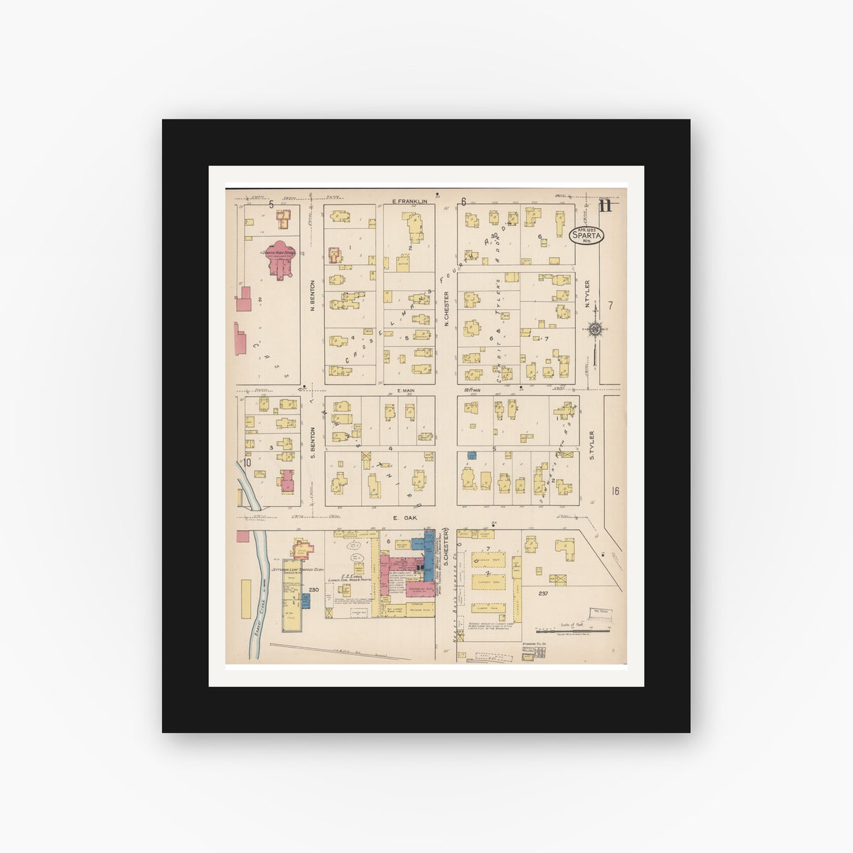 Old map wall art mockup — black gallery frame with white mat — Sanborn Fire Insurance Map from Sparta, Monroe County, Wisconsin (1922), Sheet #0011