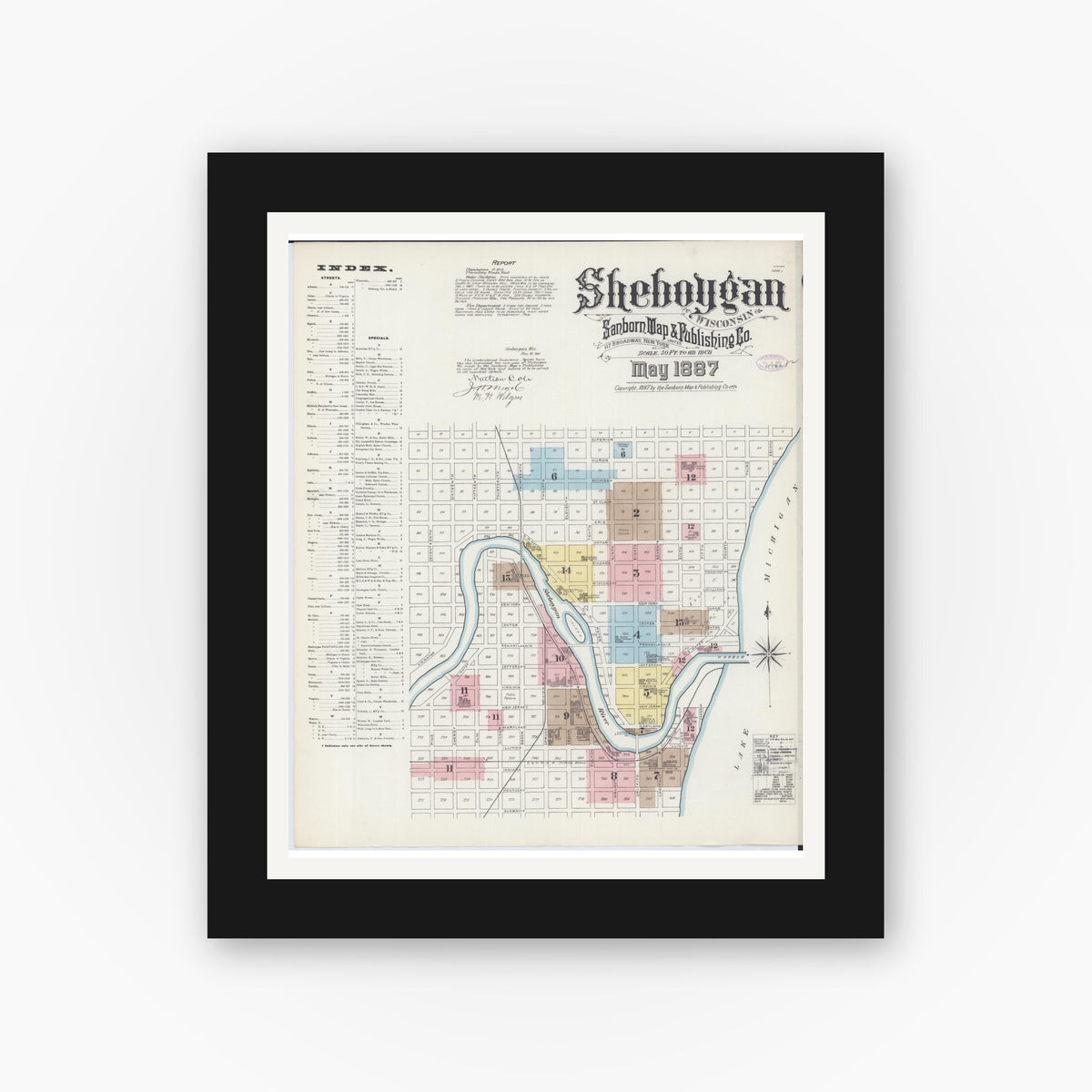 Old map wall art mockup — black gallery frame with white mat — Sanborn Fire Insurance Map from Sheboygan, Sheboygan County, Wisconsin (1887) - Complete Map Set