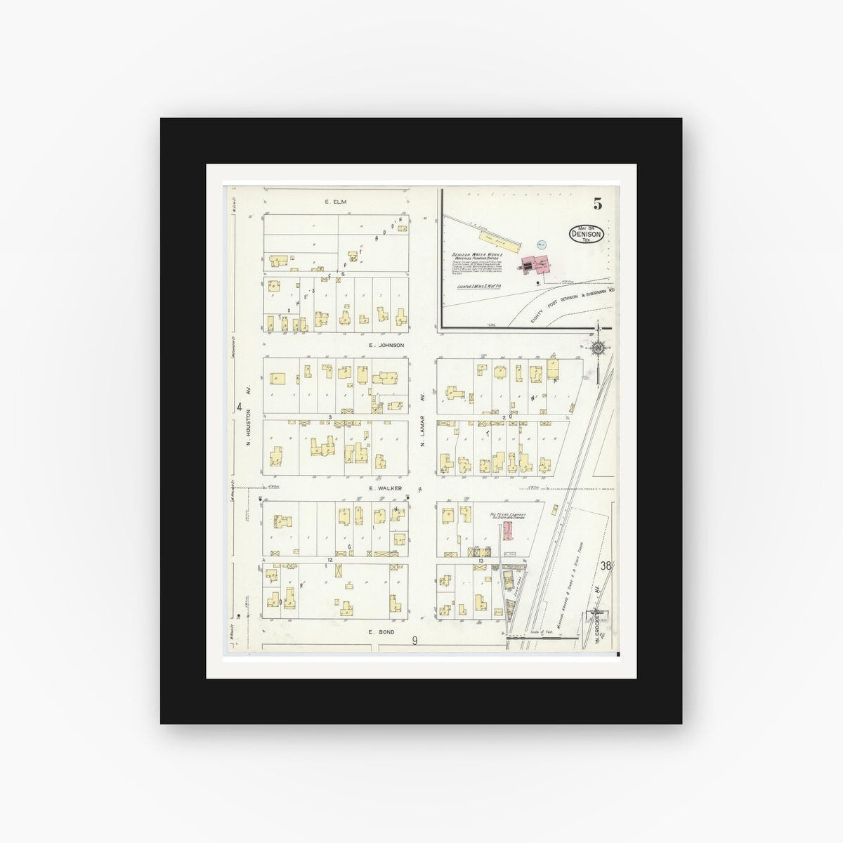 Old map wall art mockup — black gallery frame with white mat — Sanborn Fire Insurance Map from Denison, Grayson County, Texas (1914), Sheet #0005