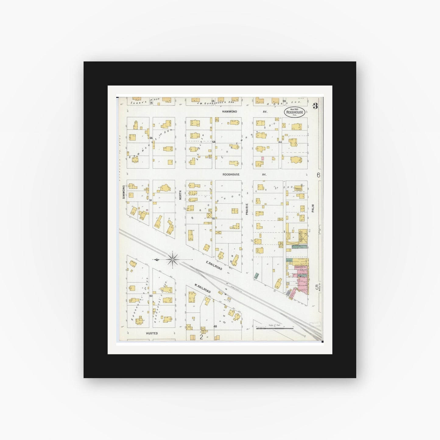 Old map wall art mockup — black gallery frame with white mat — Sanborn Fire Insurance Map from Roodhouse, Greene County, Illinois (1900), Sheet #0003