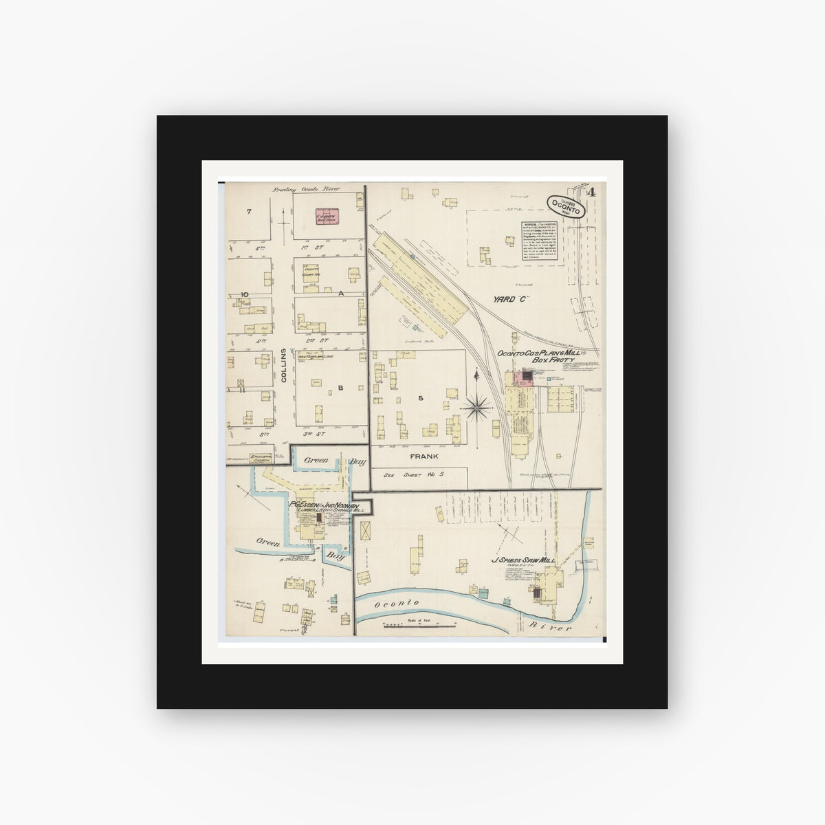 Old map wall art mockup — black gallery frame with white mat — Sanborn Fire Insurance Map from Oconto, Oconto County, Wisconsin (1883), Sheet #0004
