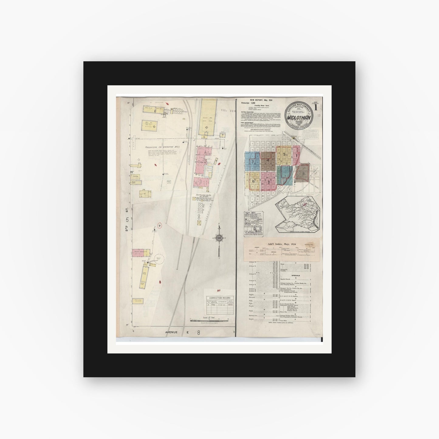 Old map wall art mockup — black gallery frame with white mat — Sanborn Fire Insurance Map from Midlothian, Ellis County, Texas (1944), Sheet #0001