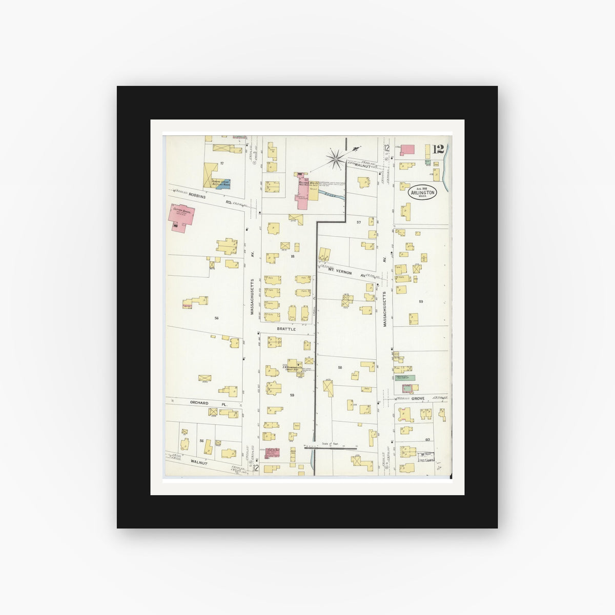 Old map wall art mockup — black gallery frame with white mat — Sanborn Fire Insurance Map from Arlington, Middlesex County, Massachusetts (1908), Sheet #0012