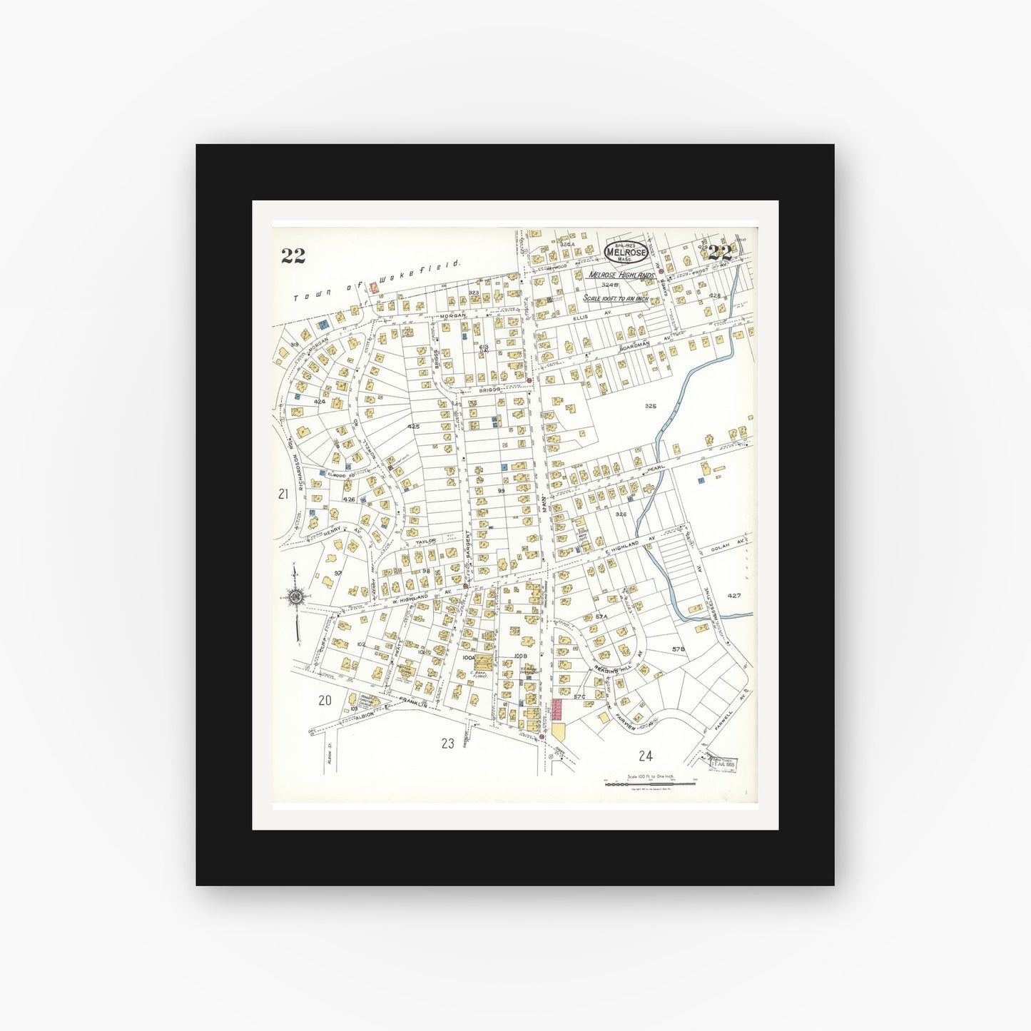 Old map wall art mockup — black gallery frame with white mat — Sanborn Fire Insurance Map from Melrose, Middlesex County, Massachusetts (1923), Sheet #0022