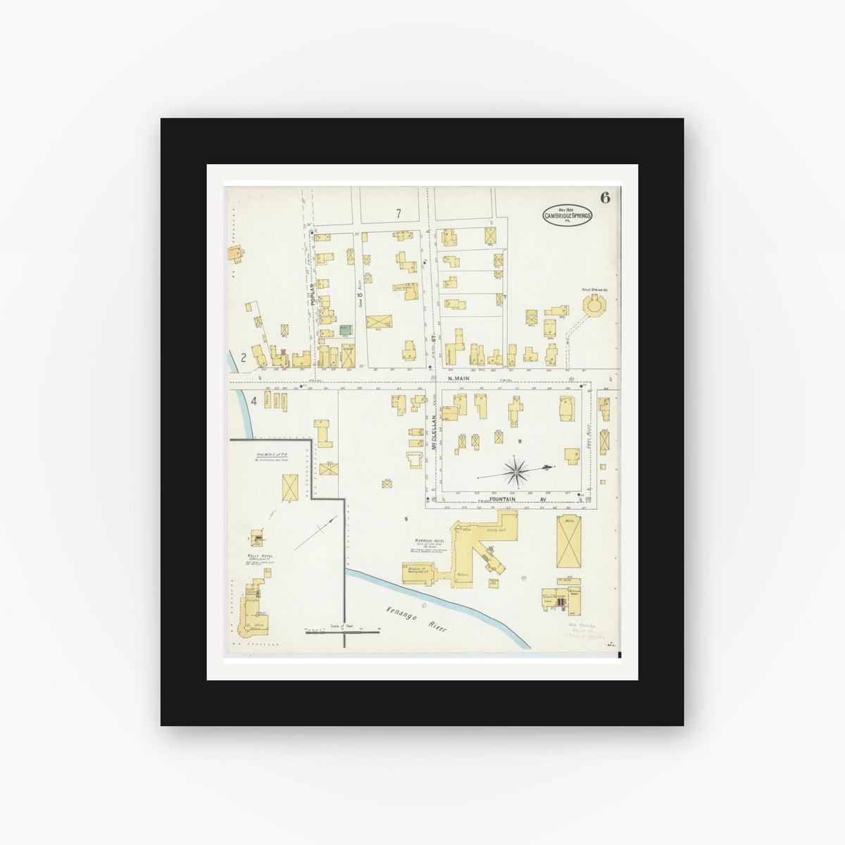Old map wall art mockup — black gallery frame with white mat — Sanborn Fire Insurance Map from Cambridge Springs, Crawford County, Pennsylvania (1904), Sheet #0006