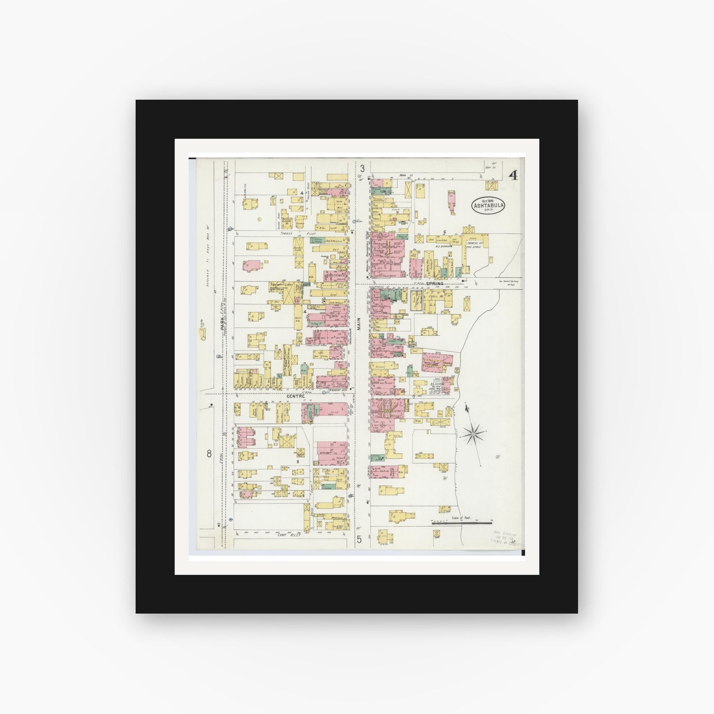 Old map wall art mockup — black gallery frame with white mat — Sanborn Fire Insurance Map from Ashtabula, Ashtabula County, Ohio (1898), Sheet #0004