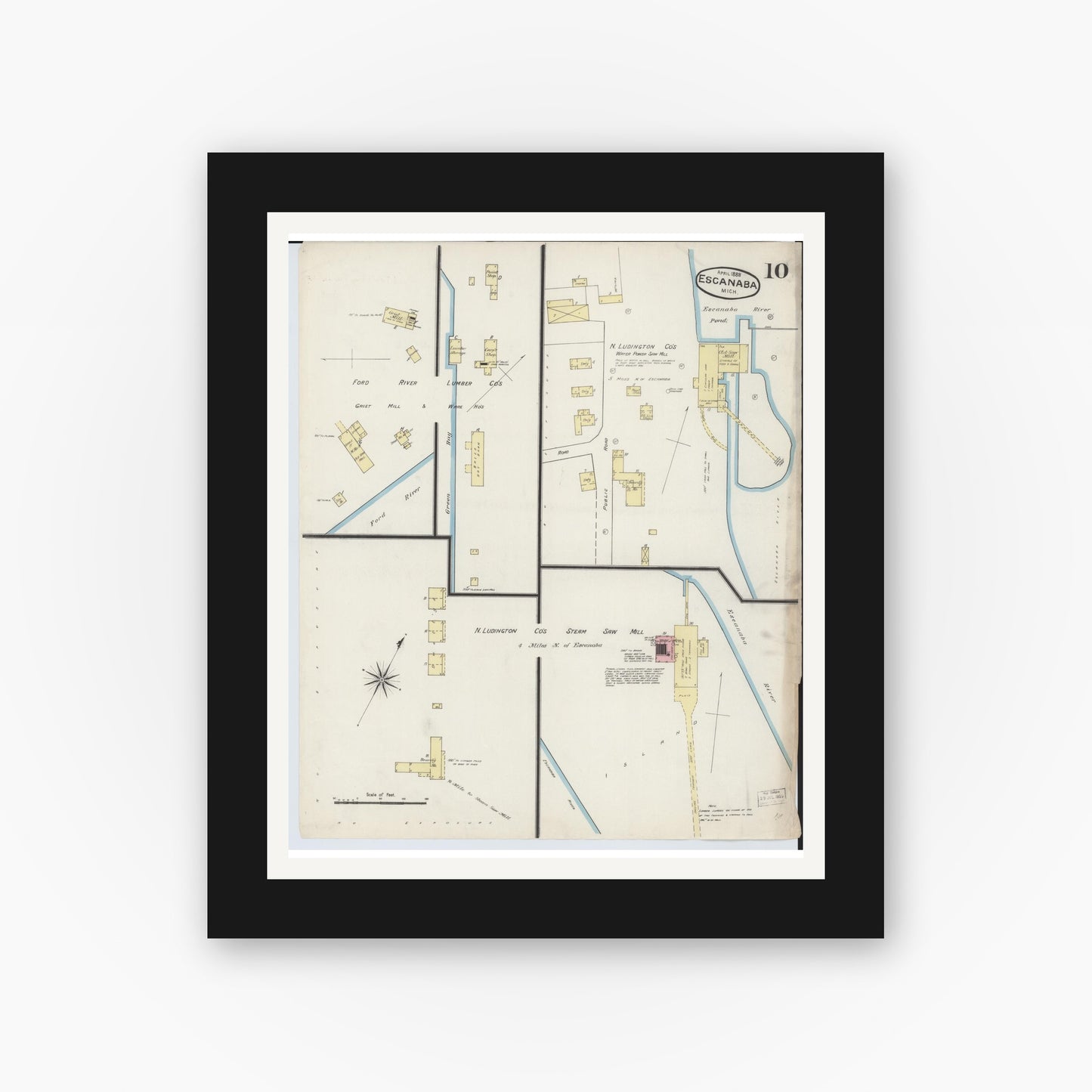 Old map wall art mockup — black gallery frame with white mat — Sanborn Fire Insurance Map from Escanaba, Delta County, Michigan (1888), Sheet #0010
