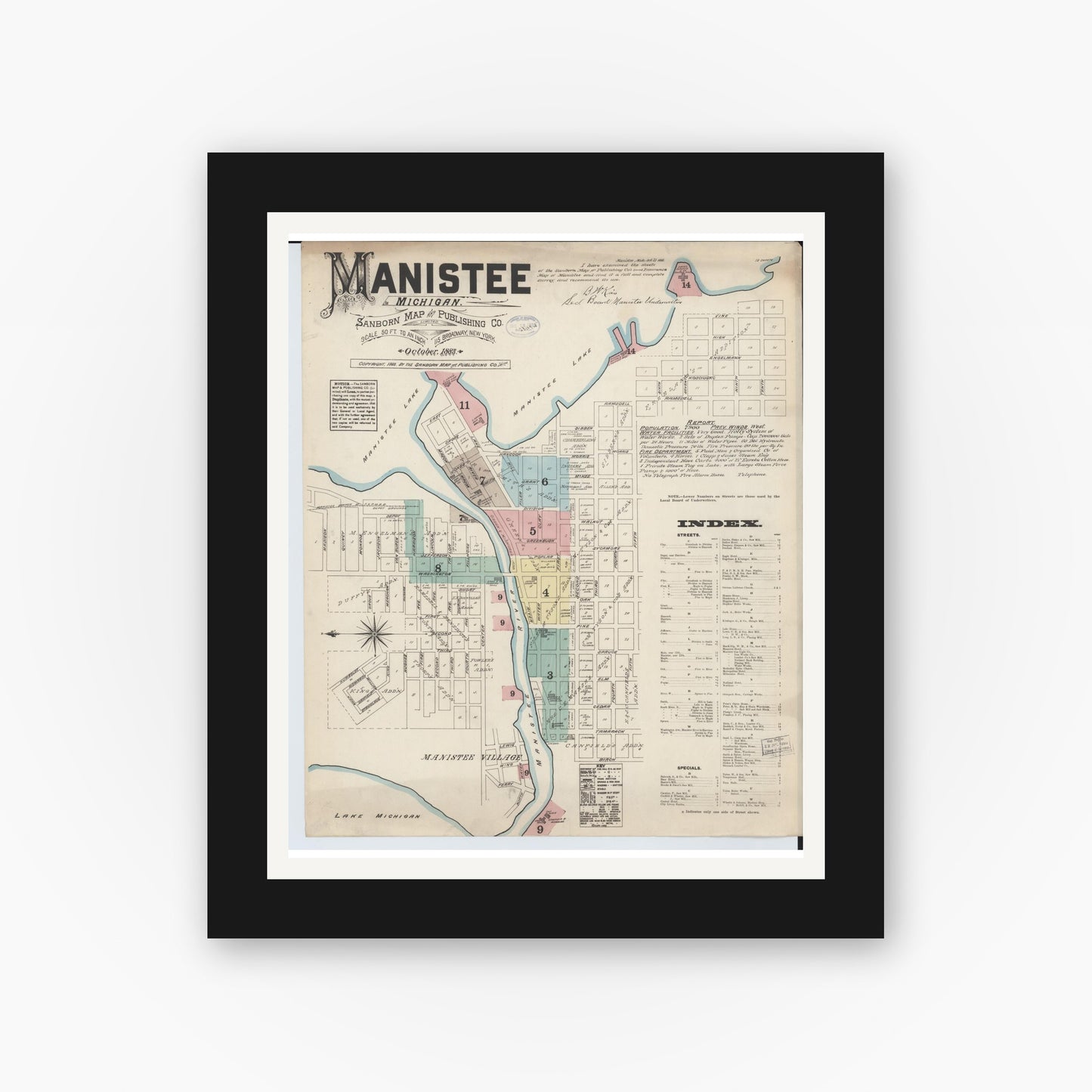 Old map wall art mockup — black gallery frame with white mat — Sanborn Fire Insurance Map from Manistee, Manistee County, Michigan (1883) - Complete Map Set