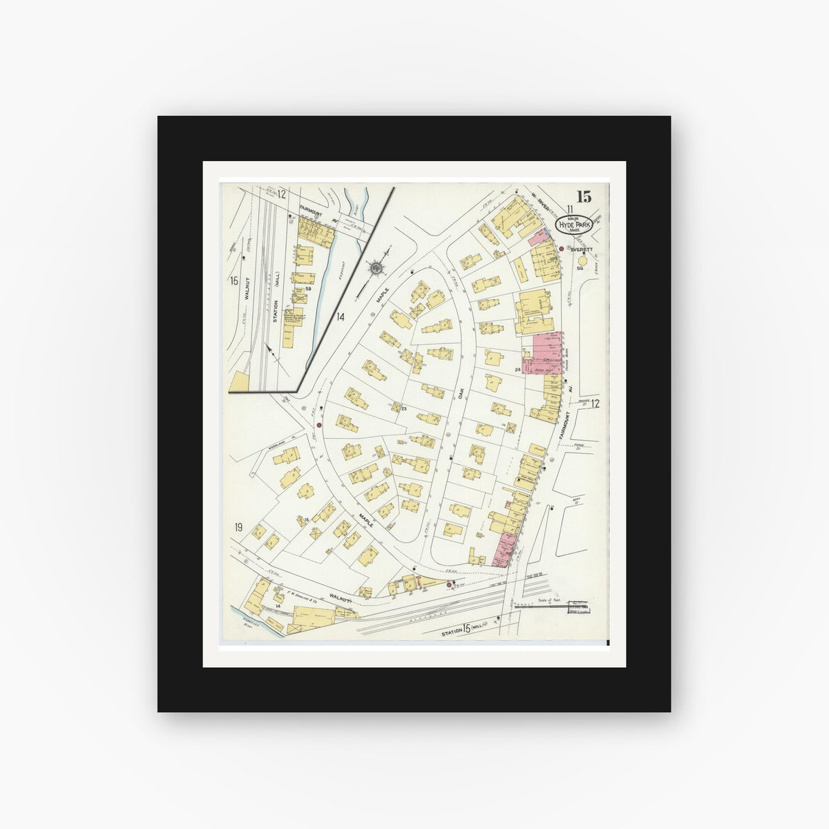 Old map wall art mockup — black gallery frame with white mat — Sanborn Fire Insurance Map from Hyde Park, Norfolk County, Massachusetts (1911), Sheet #0015