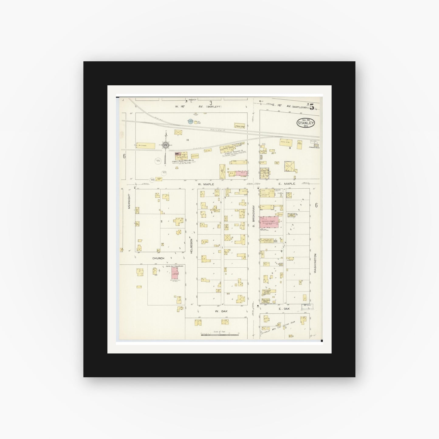 Old map wall art mockup — black gallery frame with white mat — Sanborn Fire Insurance Map from Stanley, Chippewa County, Wisconsin (1912), Sheet #0005