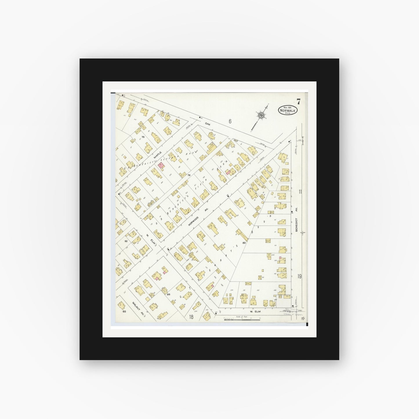 Old map wall art mockup — black gallery frame with white mat — Sanborn Fire Insurance Map from Norwalk, Huron County, Ohio (1911), Sheet #0007
