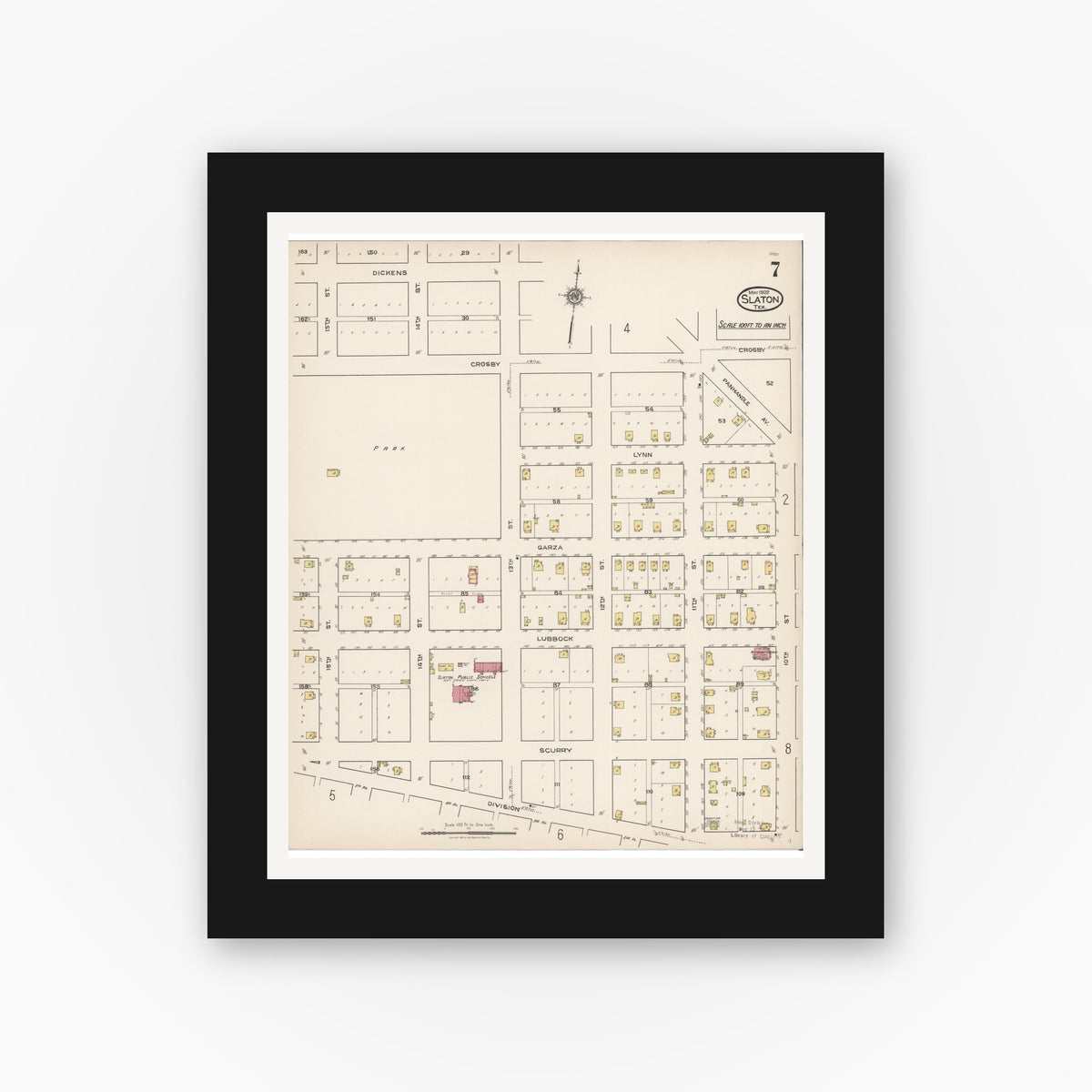Old map wall art mockup — black gallery frame with white mat — Sanborn Fire Insurance Map from Slaton, Lubbock County, Texas (1922), Sheet #0007