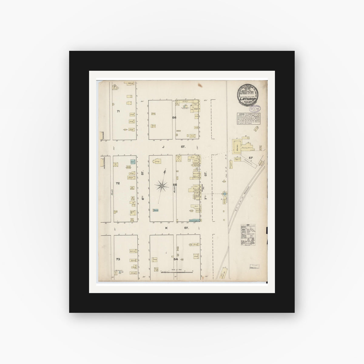 Old map wall art mockup — black gallery frame with white mat — Sanborn Fire Insurance Map from Lathrop, San Joaquin County, California (1884), Sheet #0001