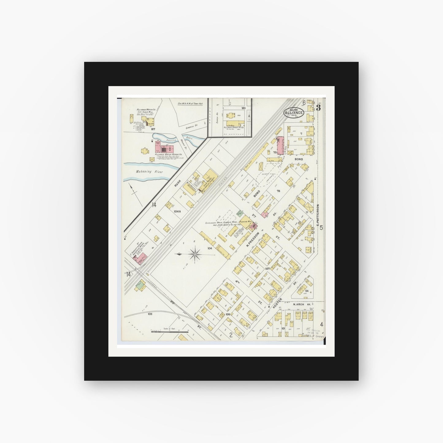 Old map wall art mockup — black gallery frame with white mat — Sanborn Fire Insurance Map from Alliance, Stark County, Ohio (1898), Sheet #0003