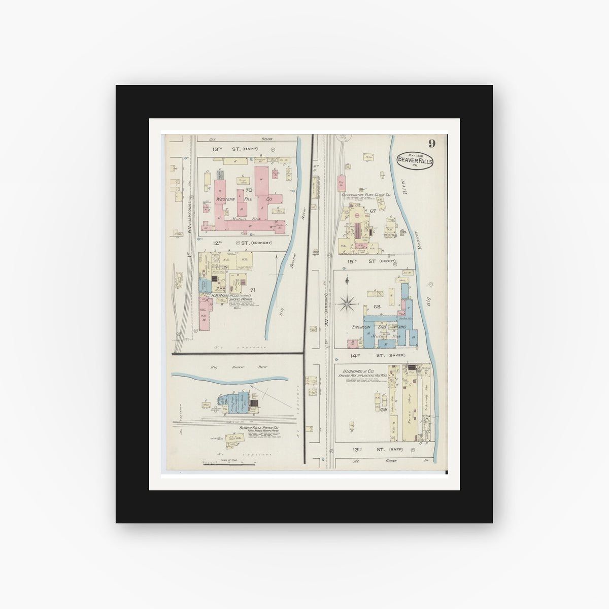 Old map wall art mockup — black gallery frame with white mat — Sanborn Fire Insurance Map from Beaver Falls, Beaver County, Pennsylvania (1886), Sheet #0009