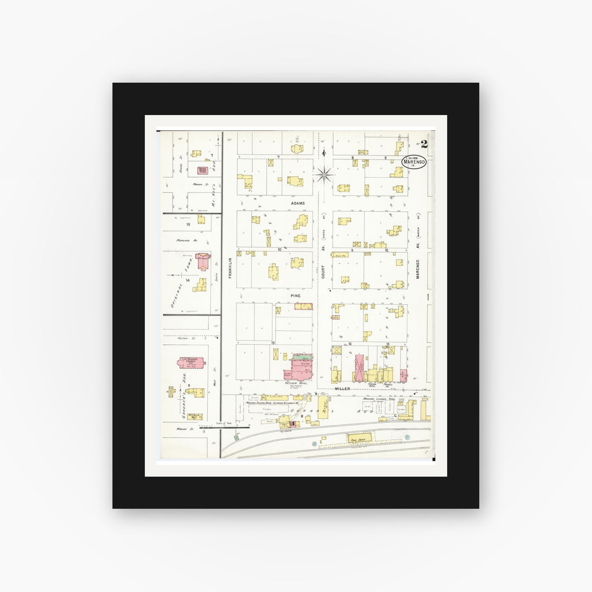 Old map wall art mockup — black gallery frame with white mat — Sanborn Fire Insurance Map from Marengo, Iowa County, Iowa (1898), Sheet #0002